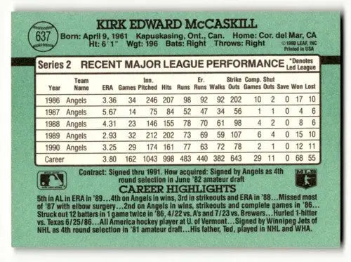 1991 Donruss #637 Kirk McCaskill California Angels Baseball Cards EX ID:57659 - Baseball Cards