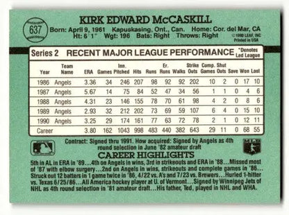 1991 Donruss #637 Kirk McCaskill California Angels Baseball Cards EX ID:57659 - Baseball Cards