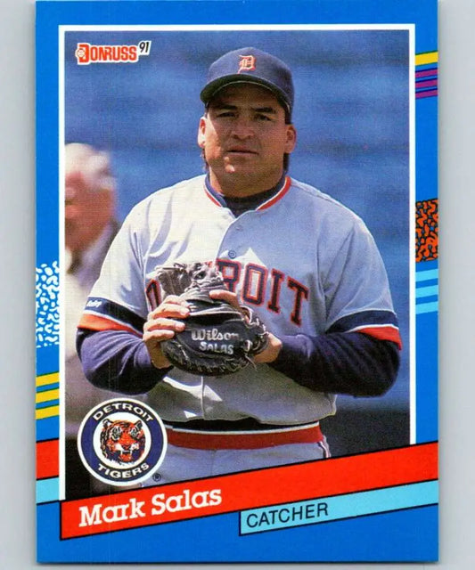 1991 Donruss #65 Mark Salas Detroit Tigers Baseball Card featuring a white uniform catcher