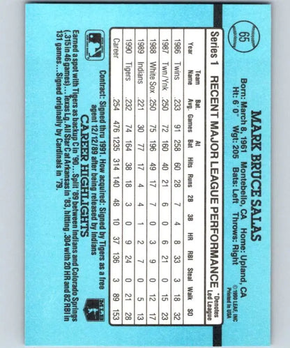Mark Salas 1991 Donruss Detroit Tigers Baseball Card with player statistics on blue background