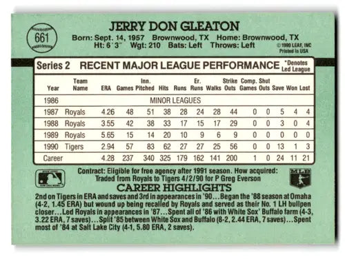 Original gloss Jerry Don Gleaton baseball card from 1991 Donruss Tigers series