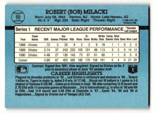1991 Donruss #69 Bob Milacki Baltimore Orioles Baseball Cards EX/NM ID:57700 - Trading Cards