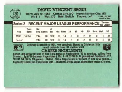 Back of 1991 Donruss #730 David Segui Baltimore Orioles Baseball Card with original gloss