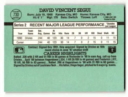Back of 1991 Donruss #730 David Segui Baltimore Orioles Baseball Card with original gloss