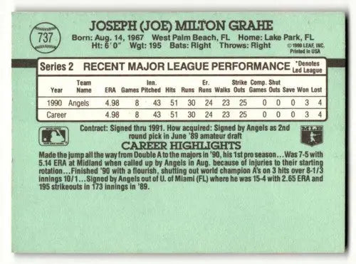 1991 Donruss #737 Joe Grahe California Angels Baseball Cards EX/NM ID:57655 - Baseball Cards