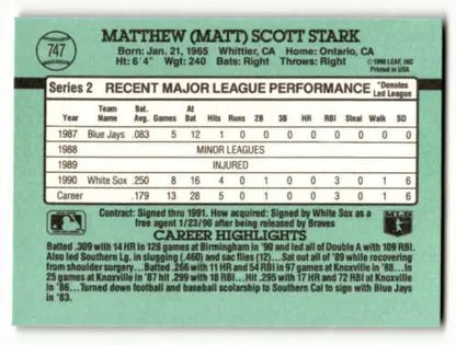 Baseball card back of 1991 Donruss #747 Matt Stark Chicago White Sox with original gloss