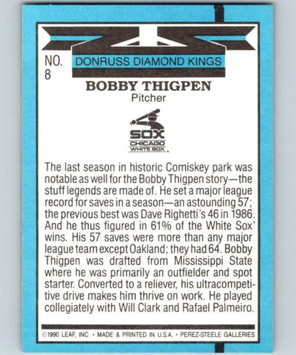 1991 Donruss Bobby Thigpen baseball card featuring White Sox pitcher in Diamond Kings series