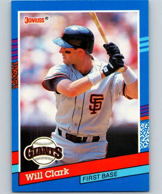 1991 Donruss baseball card of San Francisco Giants first baseman Will Clark at bat
