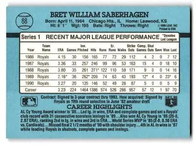1991 Donruss #88a Bret Saberhagen baseball card featuring iconic pitcher Bret Saberhagen