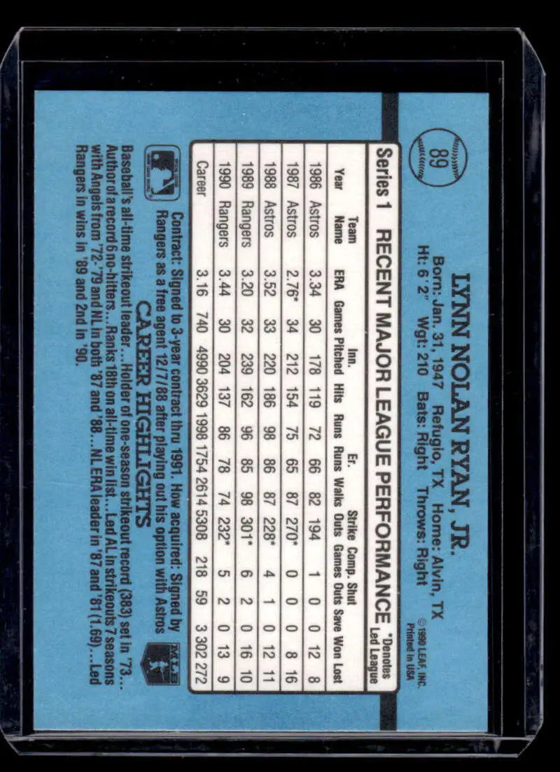 Nolan Ryan Texas Rangers Baseball Card showcasing player stats on a blue background