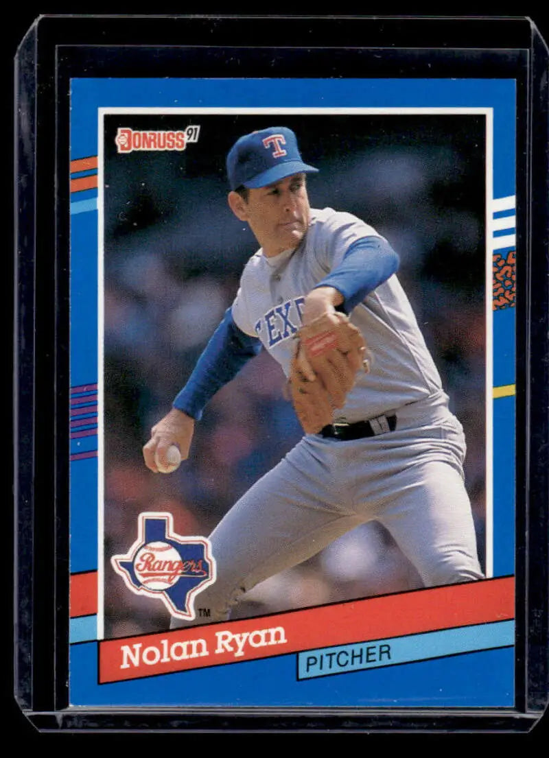 1991 Donruss baseball card of Nolan Ryan pitching for the Texas Rangers in mid-delivery