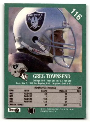 Greg Townsend Los Angeles Raiders football card with original gloss, 1991 Fleer #116