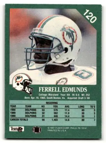 1991 Fleer Ferrell Edmunds Miami Dolphins Football Card with original gloss finish