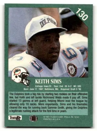Keith Sims Miami Dolphins football card, 1991 Fleer #130 original gloss in NM condition