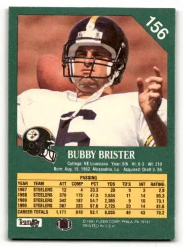Bubby Brister Pittsburgh Steelers Football Card with original gloss, 1991 Fleer #156