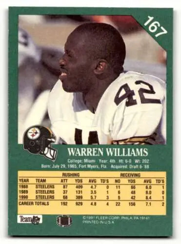 Original gloss 1991 Fleer #167 Warren Williams Pittsburgh Steelers football card
