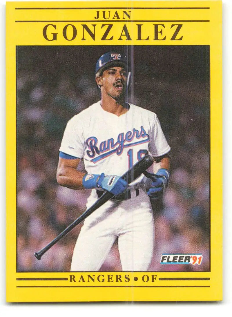 Baseball card of Juan Gonzalez in Texas Rangers home uniform holding bat