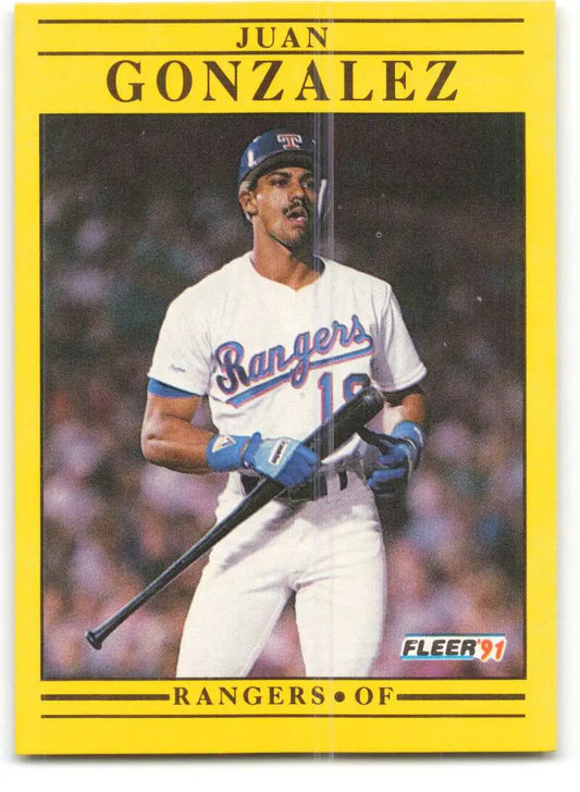 Baseball card of Juan Gonzalez in Texas Rangers home uniform holding bat