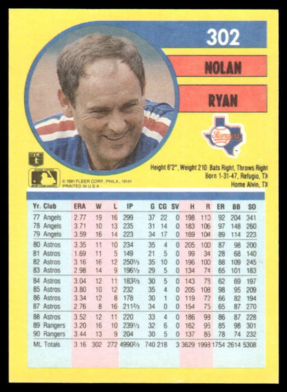 Nolan Ryan Texas Rangers baseball card with player against a yellow background
