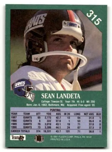1991 Fleer #315 Sean Landeta New York Giants Football Card original gloss NM condition