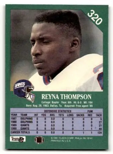 1991 Fleer #320 Reyna Thompson New York Giants Football Card with original gloss