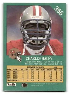1991 Fleer Charles Haley trading card featuring 49ers player in red jersey and helmet