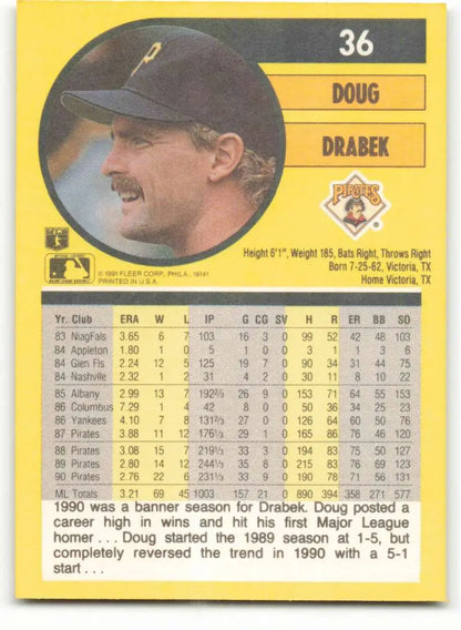 Baseball card of Doug Drabek, Pittsburgh Pirates player with stats on yellow background