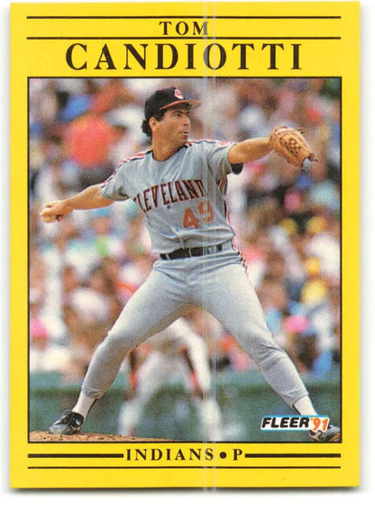 1991 Fleer Tom Candiotti baseball card featuring Cleveland Indians pitcher mid-throw
