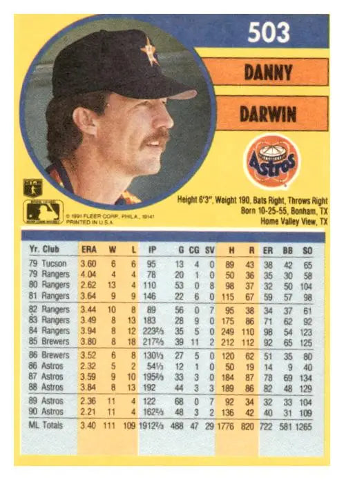 1991 Fleer #503b Danny Darwin - Trading Card