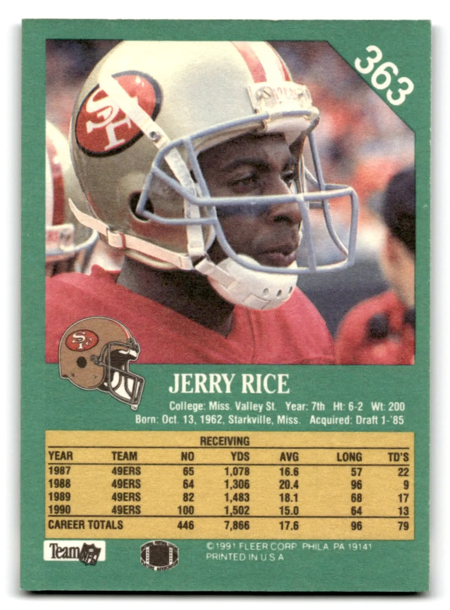 1991 Fleer football Jerry Rice card featuring San Francisco 49ers player Jerry Rice