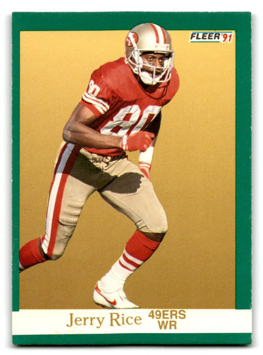 1991 Fleer Football Jerry Rice trading card featuring San Francisco 49ers star player