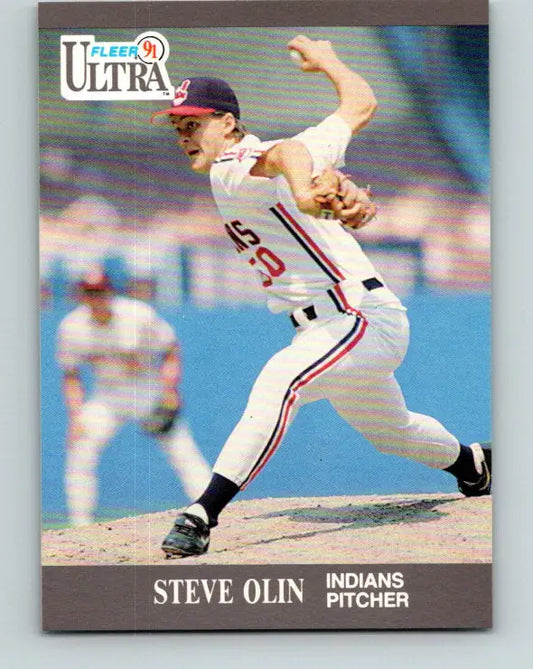 Cleveland Indians pitcher Steve Olin in mid-throwing motion on baseball card