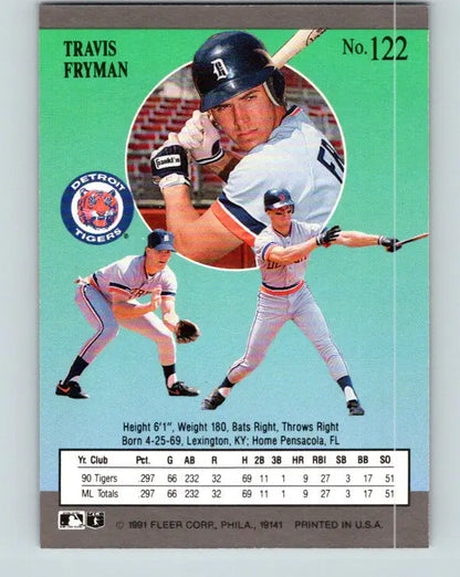 Baseball card of Travis Fryman showcasing Detroit Tigers action poses on green background