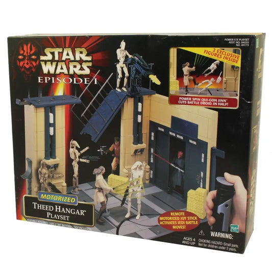 Star Wars Episode 1 Theed Hangar playset toy featuring Qui-Gon Jinn in retail packaging