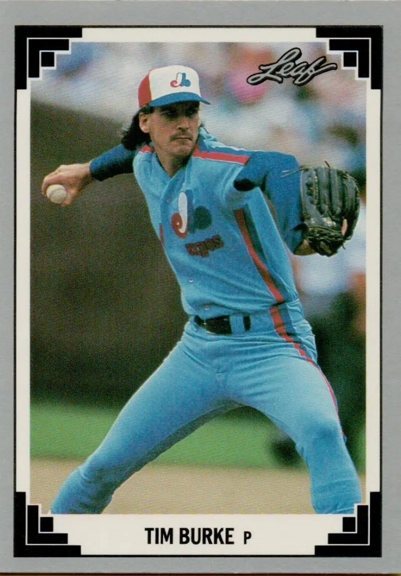 Baseball player Tim Burke in light blue Montreal Expos uniform mid-pitch on card