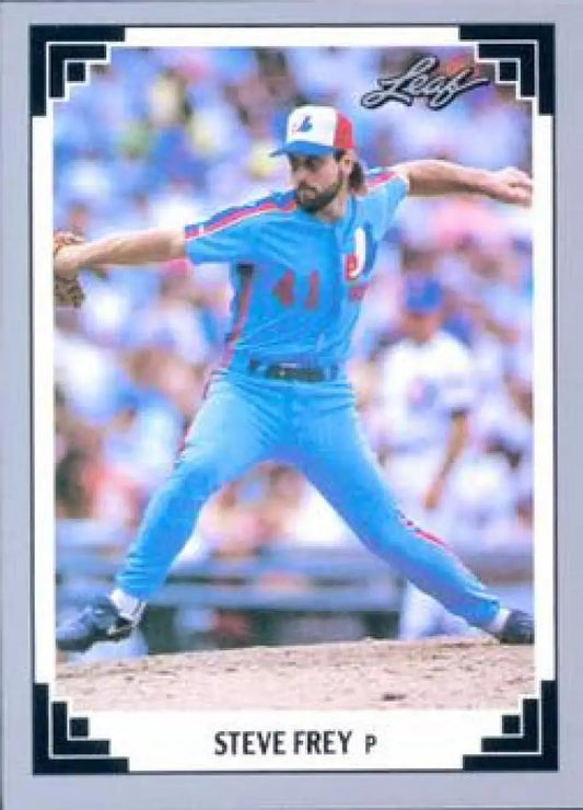 Steve Frey mid-delivery in bright blue uniform on Montreal Expos baseball card