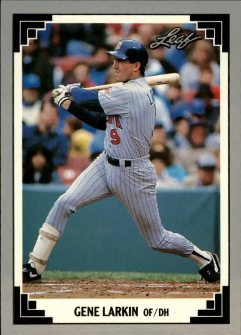 Gene Larkin in Minnesota Twins uniform swinging bat on 1991 Leaf baseball card