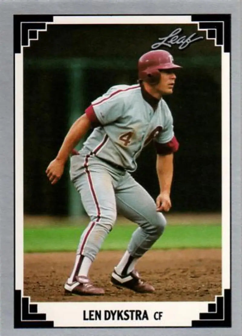 Lenny Dykstra in gray Philadelphia Phillies uniform leading off base baseball card image