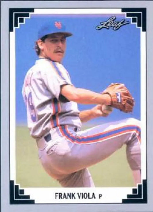 Frank Viola mid-throwing pitching in white Mets Baseball uniform on 1991 Leaf card