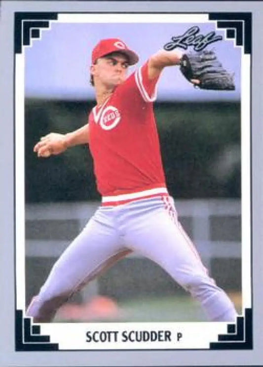 Scott Scudder mid-pitch in Cincinnati Reds uniform for 1991 Leaf baseball card