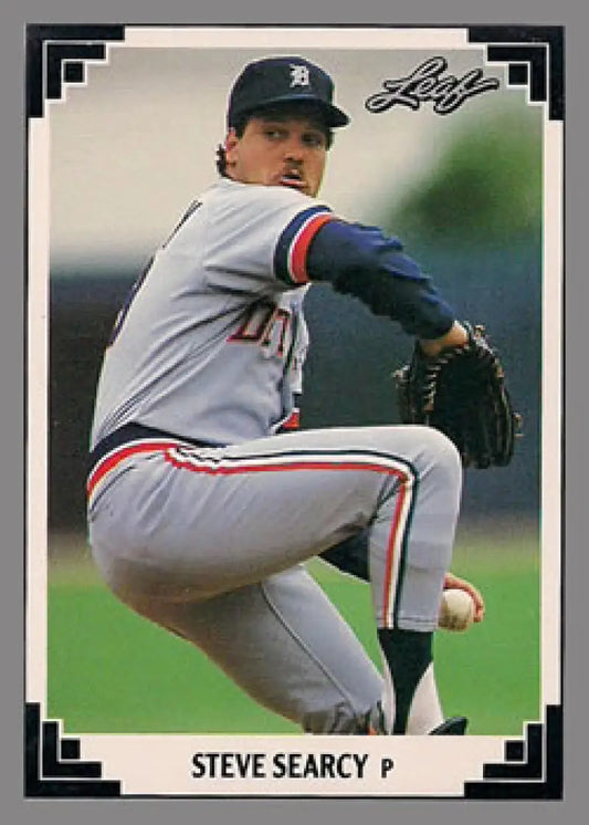 Baseball card of Steve Searcy delivering in gray uniform for Detroit Tigers