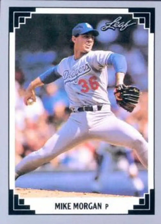 Mike Morgan baseball card from 1991 Leaf featuring Los Angeles Dodgers pitcher in action