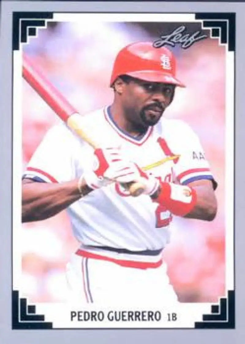Baseball card of Pedro Guerrero in St. Louis Cardinals white uniform with bat