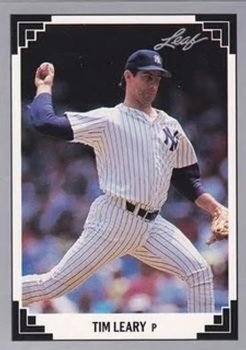 Tim Leary pitching in New York Yankees pinstriped uniform on baseball card 1991 Leaf #206