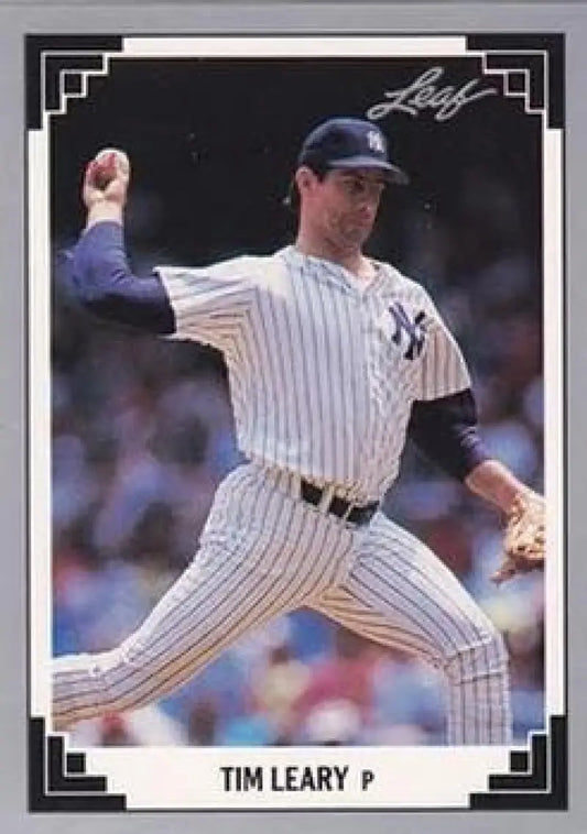 Tim Leary pitching in New York Yankees pinstriped uniform on baseball card 1991 Leaf #206