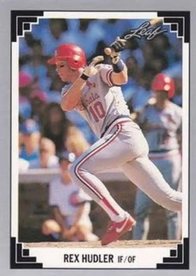 Baseball card of Rex Hudler in white pinstriped uniform for the Louis Cardinals