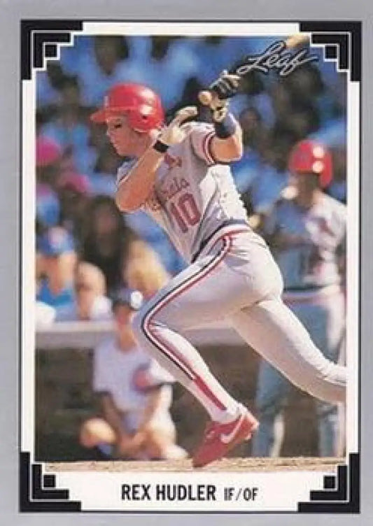 Baseball card of Rex Hudler in white pinstriped uniform for the Louis Cardinals