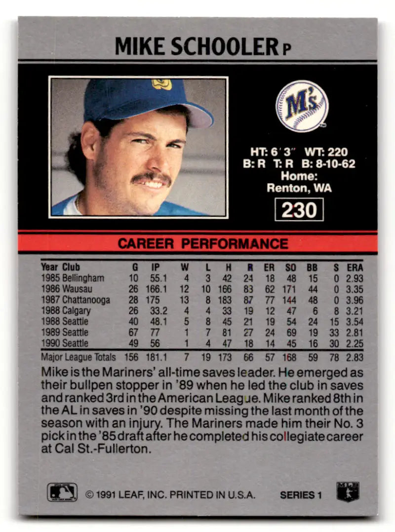 Baseball card of Mike Schooler in blue cap, Seattle Mariners 1991 Leaf #230