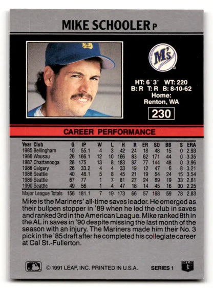 Baseball card of Mike Schooler in blue cap, Seattle Mariners 1991 Leaf #230
