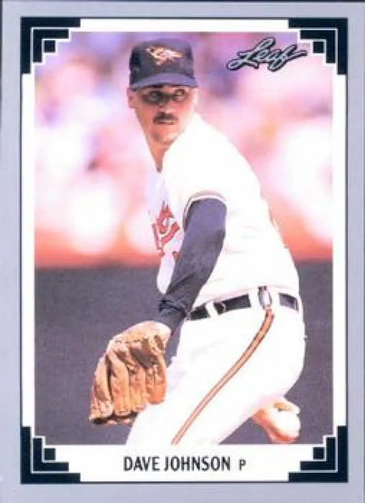 Baseball card of Dave Johnson in white home uniform for Baltimore Orioles baseball